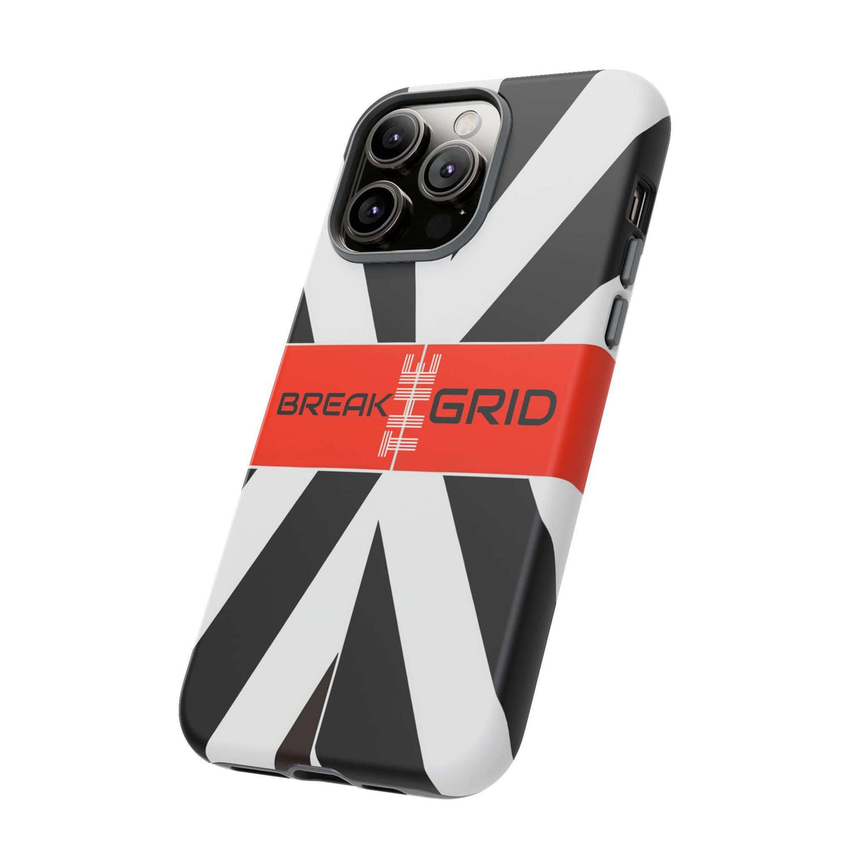 Break Grid phone case front-back view, black-and-white geometric stripes with orange logo band