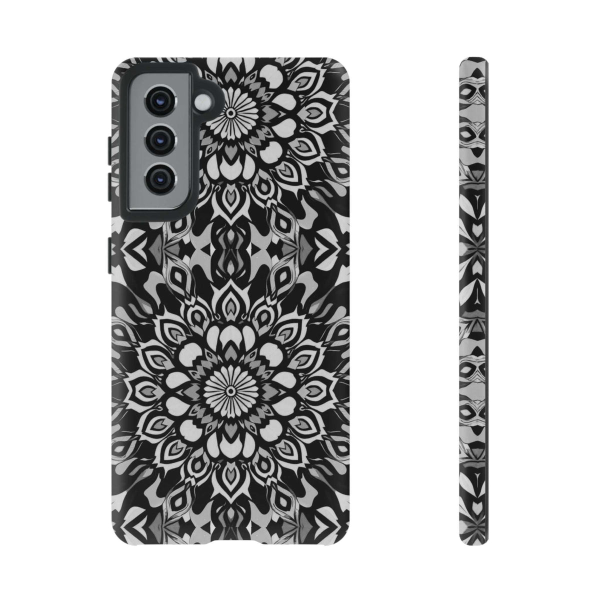 Mandala phone case with black-and-white mandala center flower design and camera openings