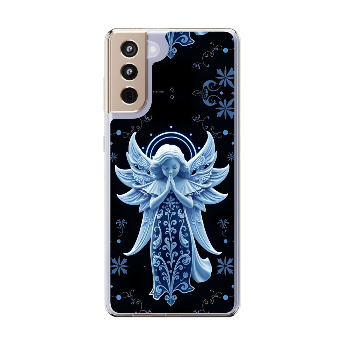 Transparent phone case with blue angel prayer design centered on back