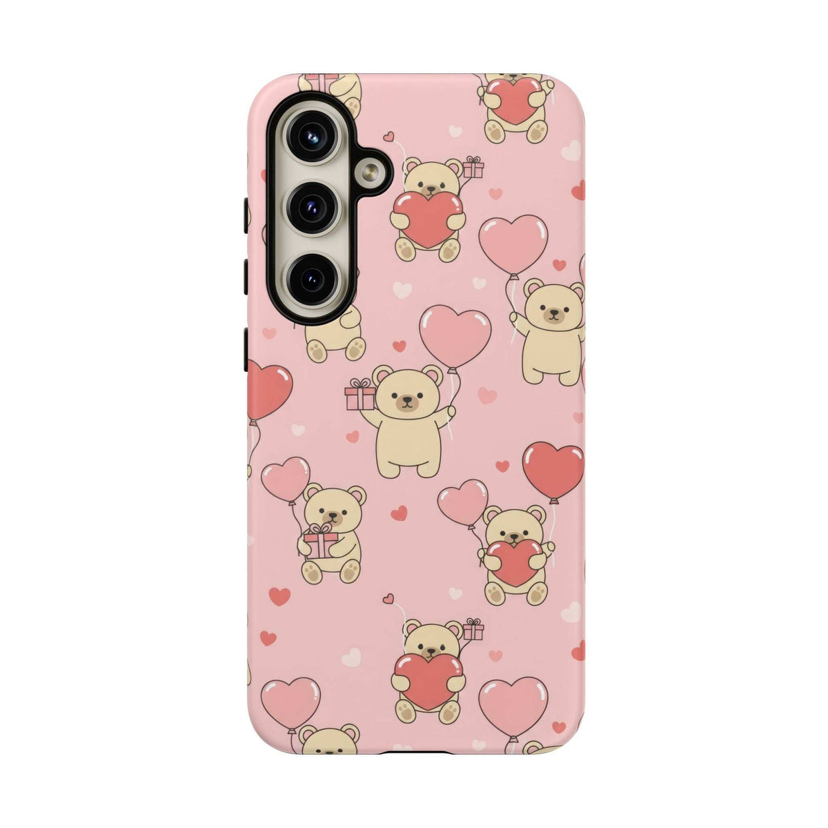 Pink phone case with teddy bears and hearts pattern