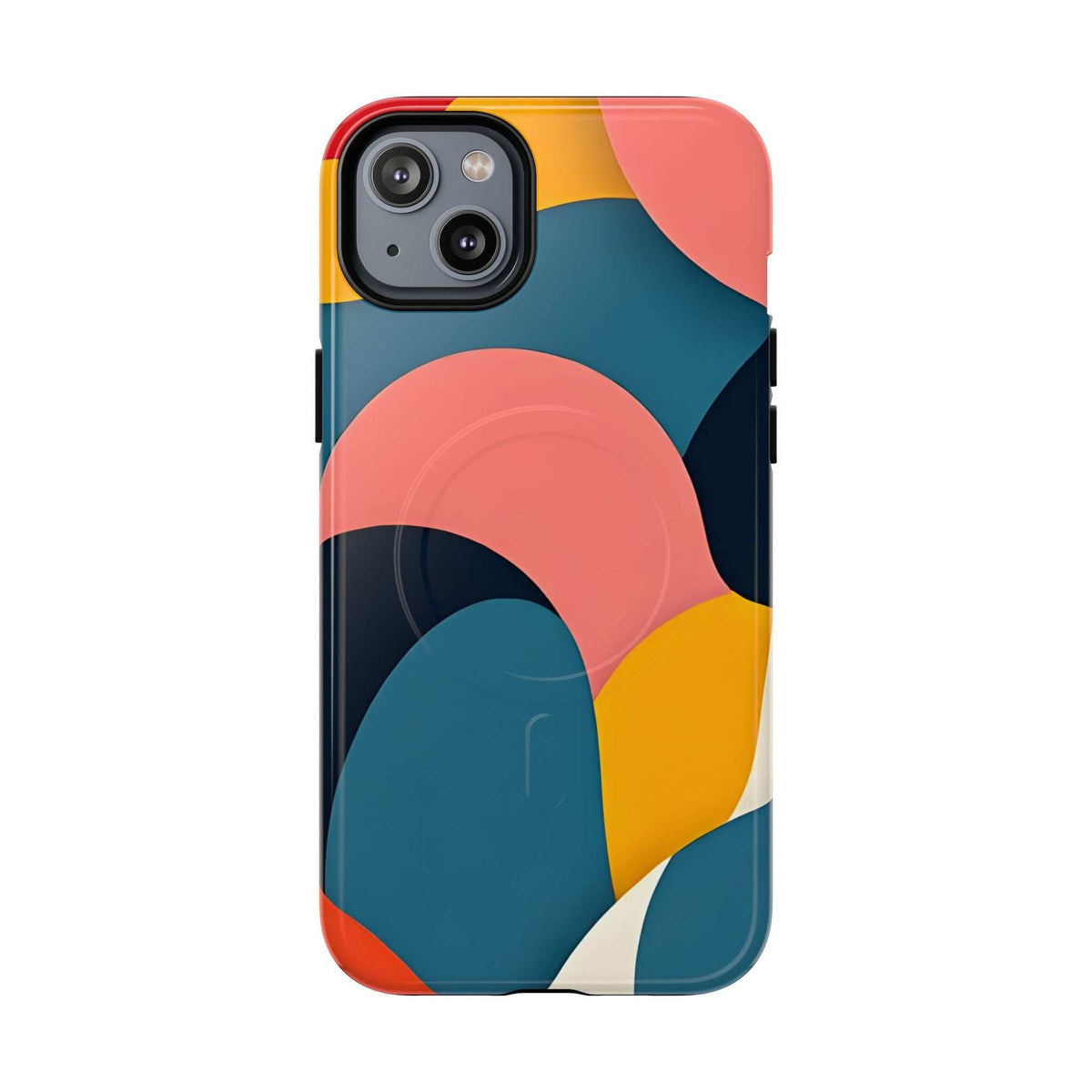 Colorful abstract iPhone phone case with coral arcs, teal curves, and yellow patch around camera cutout