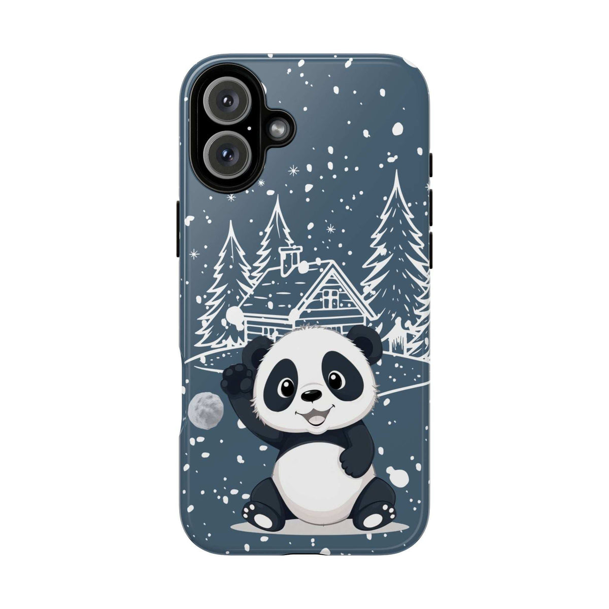 Blue phone case with cute panda in winter scene, snow dots, trees and house illustration.