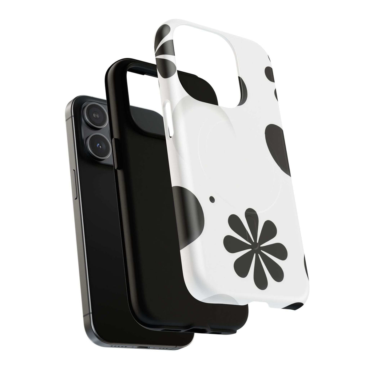 Protective phone case, white with black flower and dot design, side view with camera holes