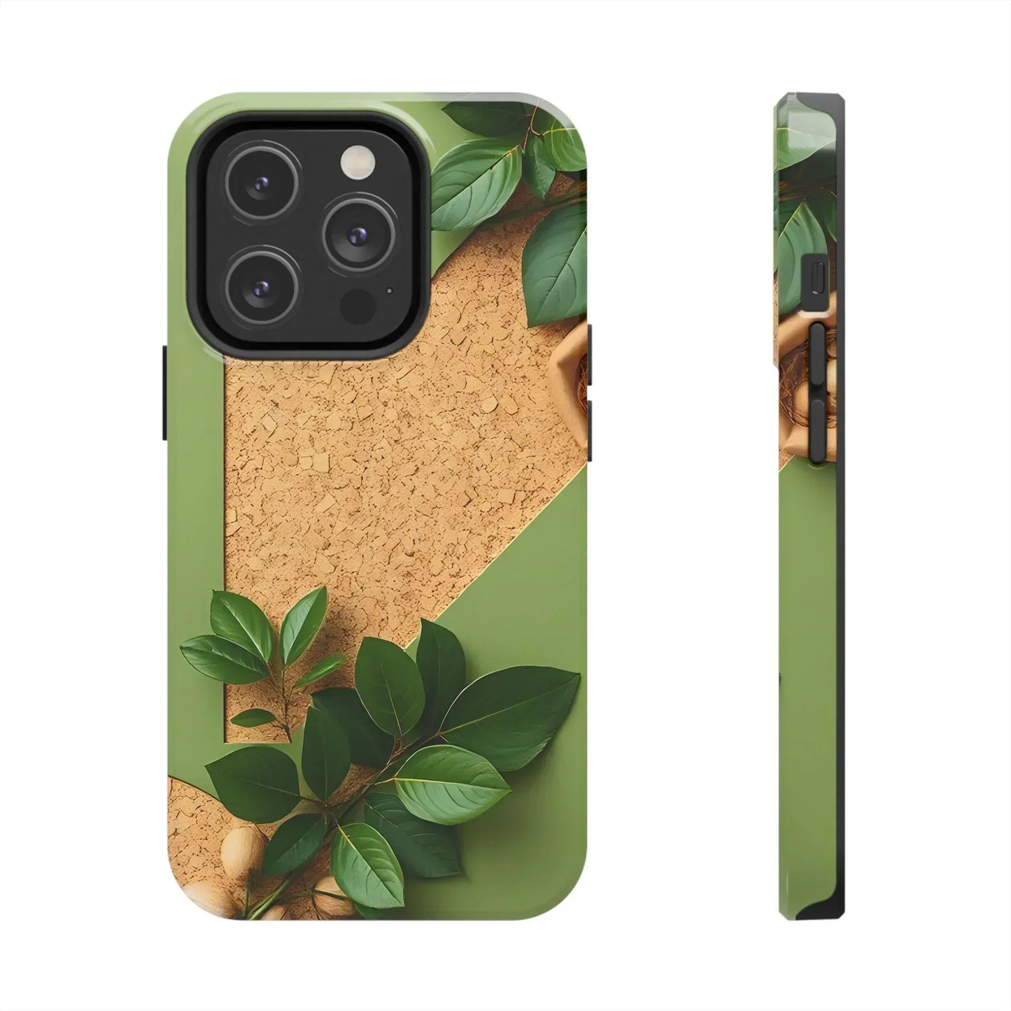 Eco-Inspired Tough Phone Case – Cork Texture with Leaf & Seed Design for iPhone 7-16 and Samsung Galaxy S21-S24 - KarArmDesign