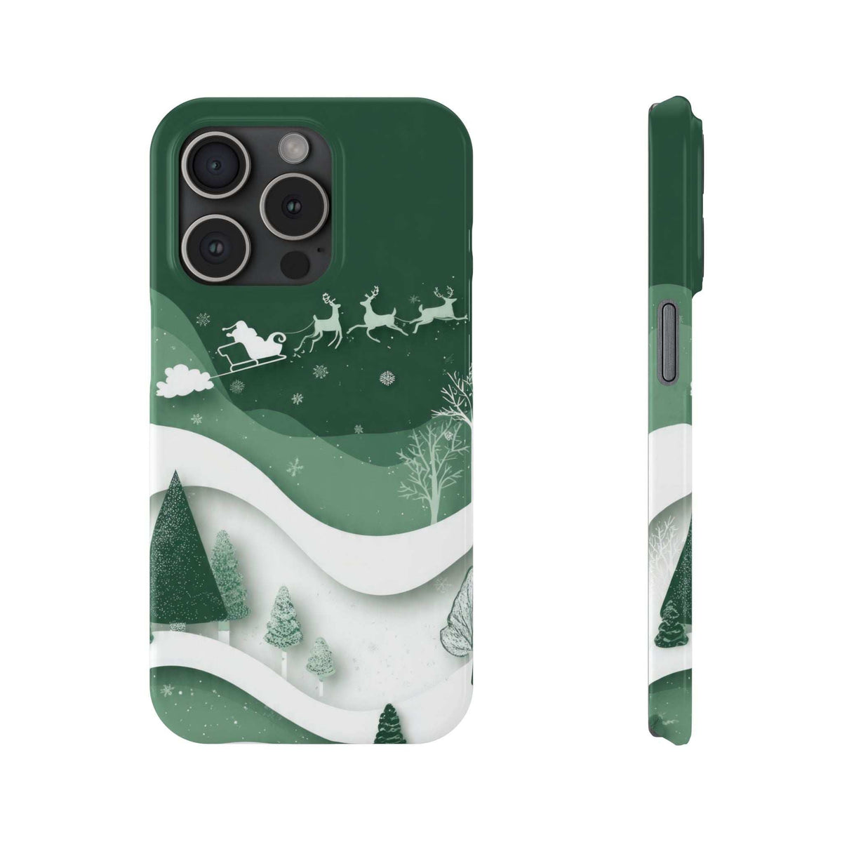 Green phone case with sleigh-and-reindeer scene over snowy hills, front and side views