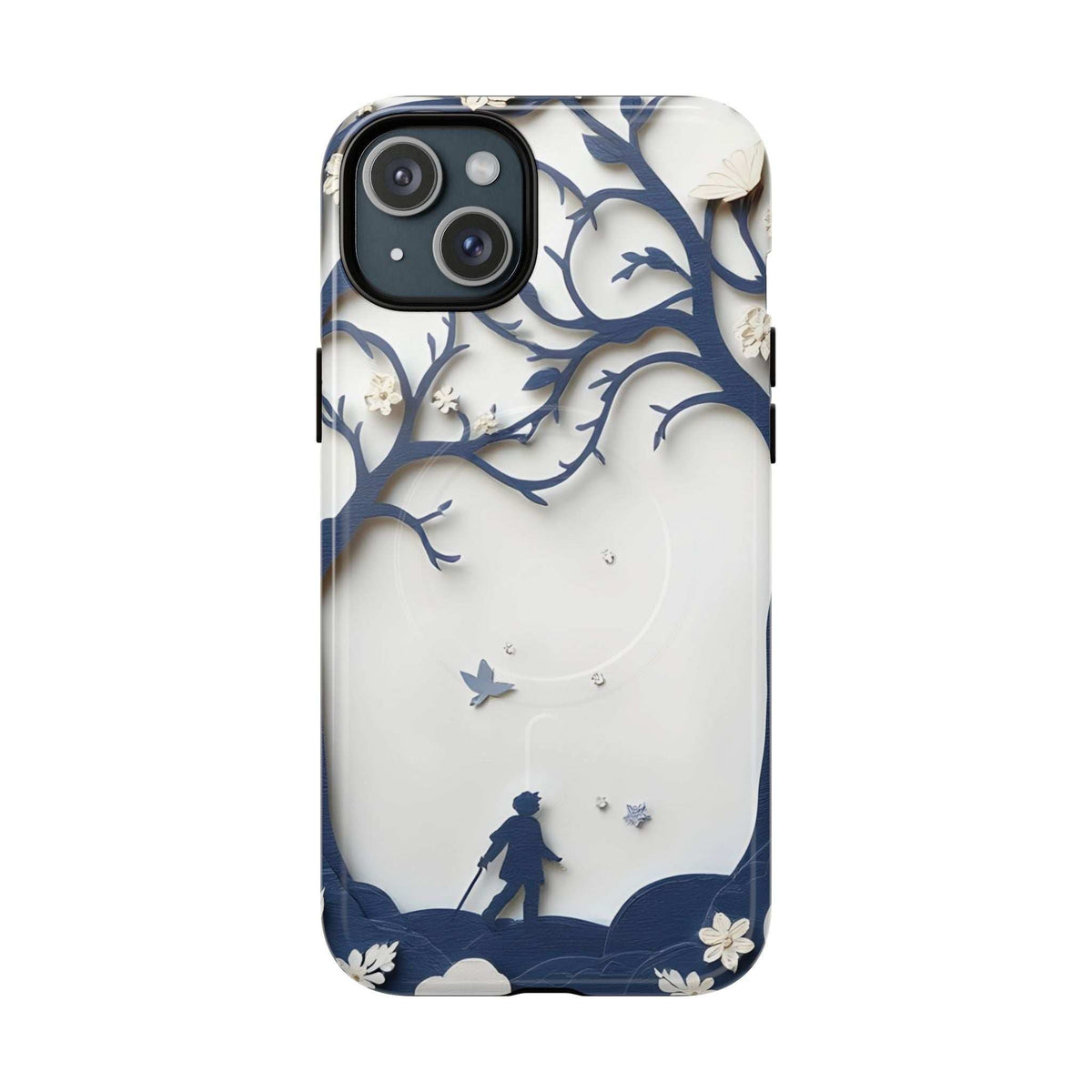 Phone case with blue tree branches, bird accents, and white background with camera cutouts