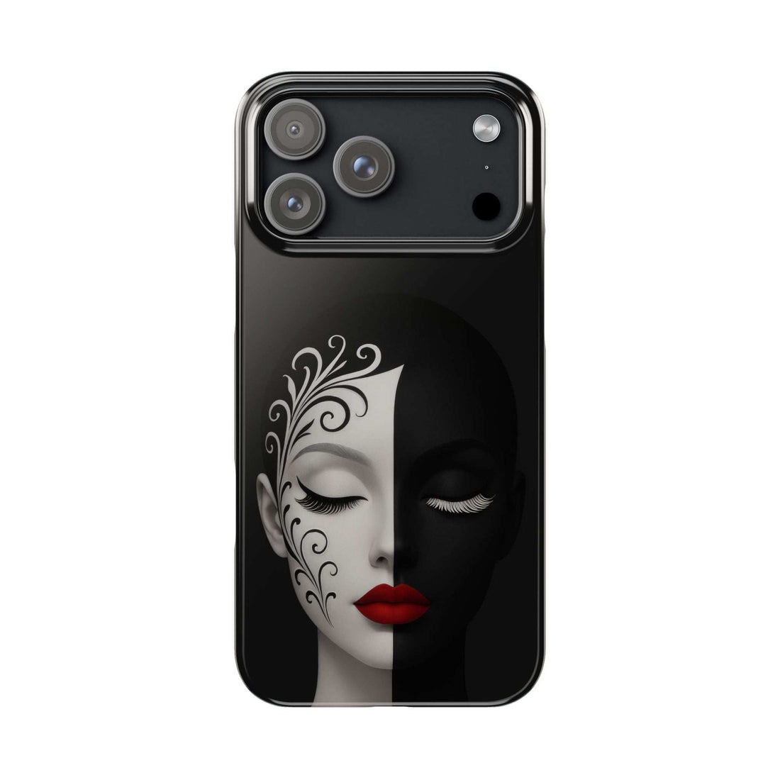 Black phone case with white-and-black half-face artwork and red lips
