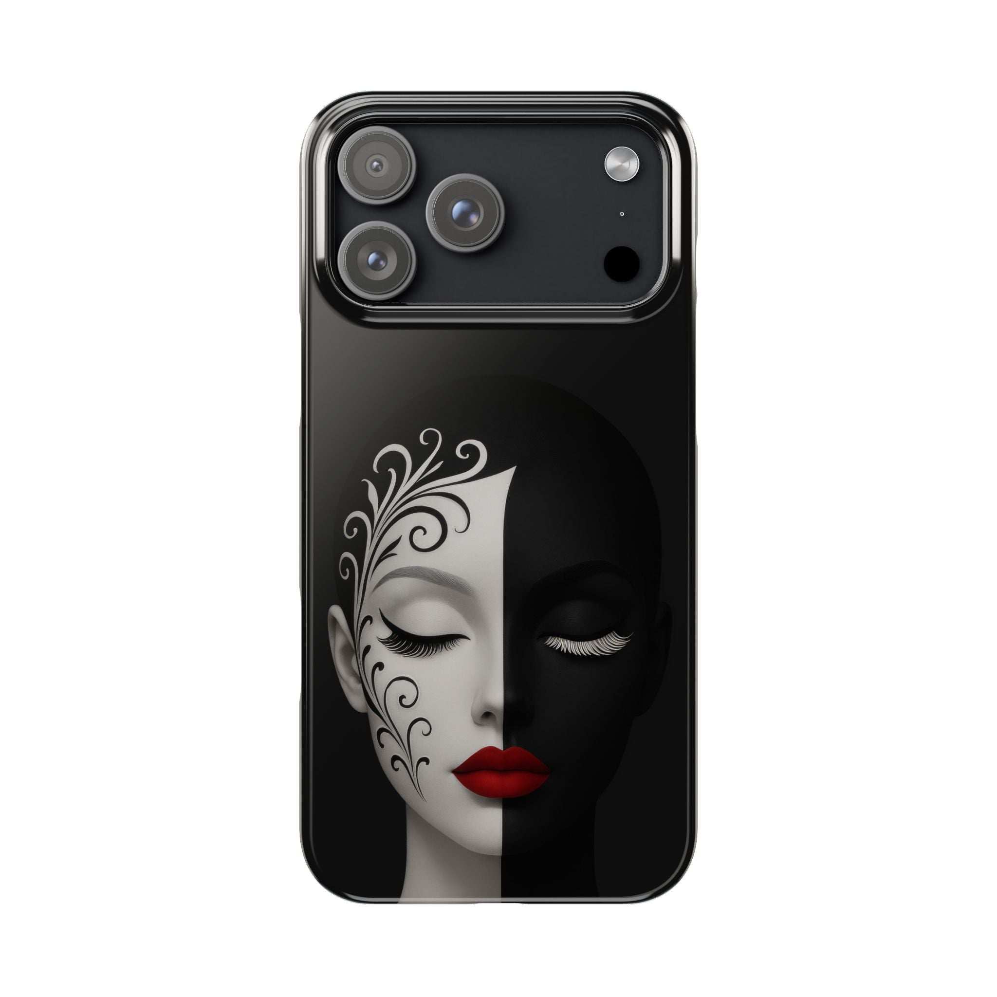 Black phone case with white-and-black half-face artwork and red lips