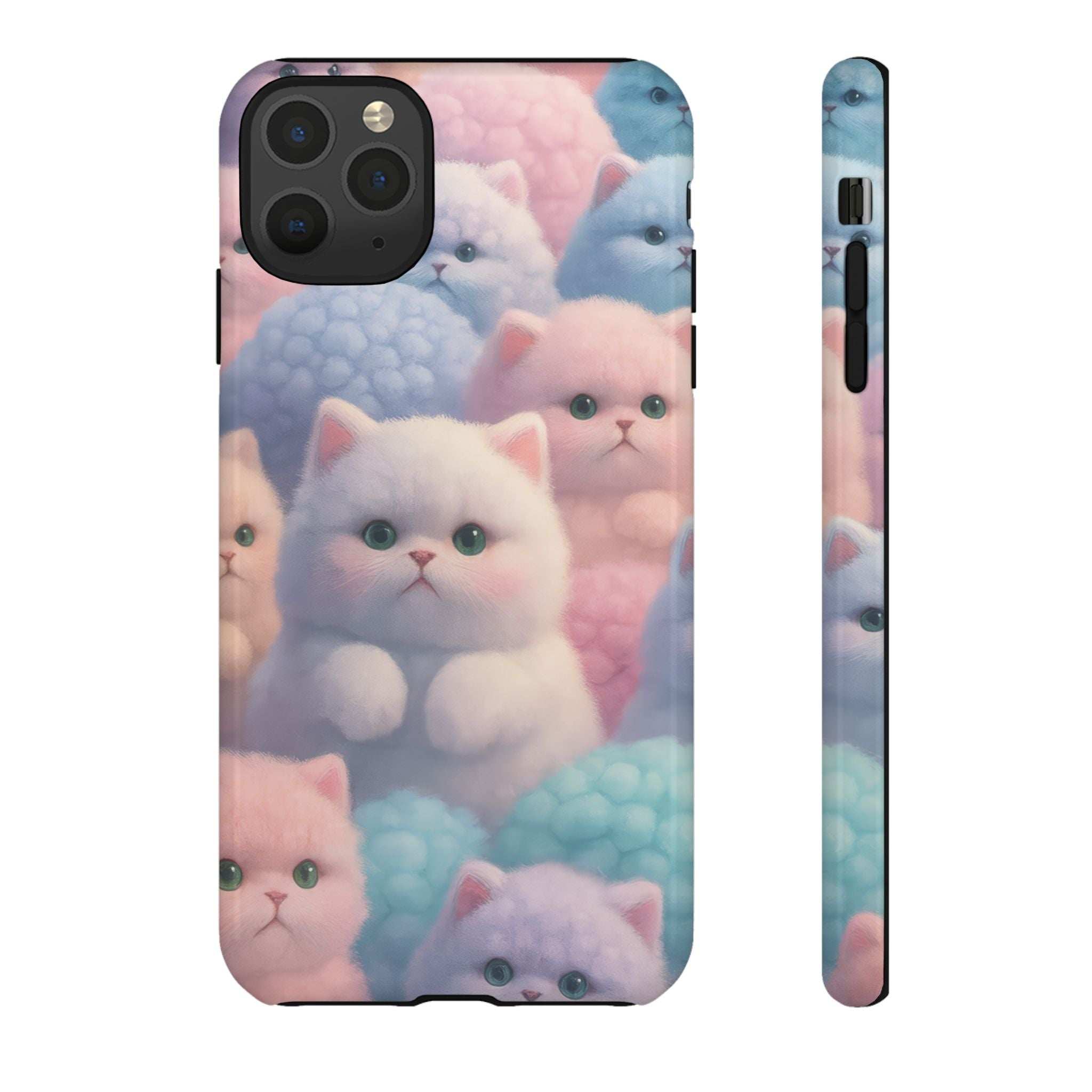 Glossy pastel kitten phone case with cats pattern and side button cutouts