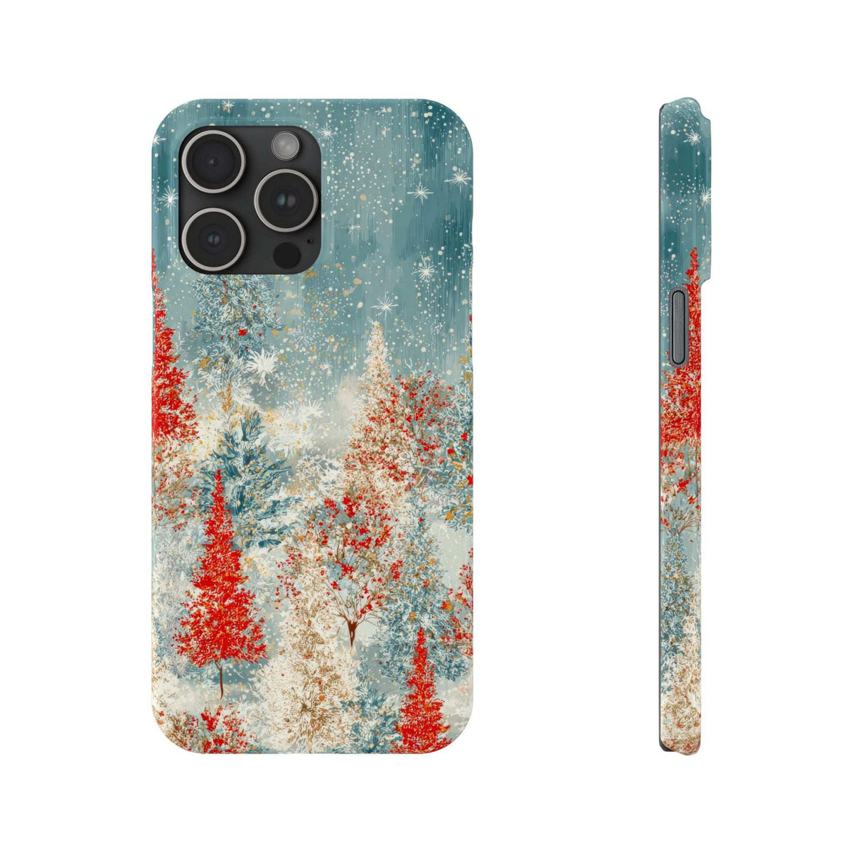 Snowy forest phone case showing teal winter scene with red trees; camera cutouts and ports
