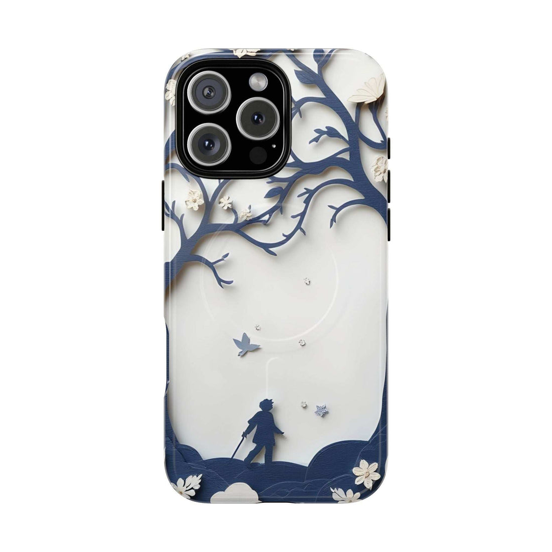 Phone case with blue night scene, tree branches, bird silhouettes, and camera cutouts