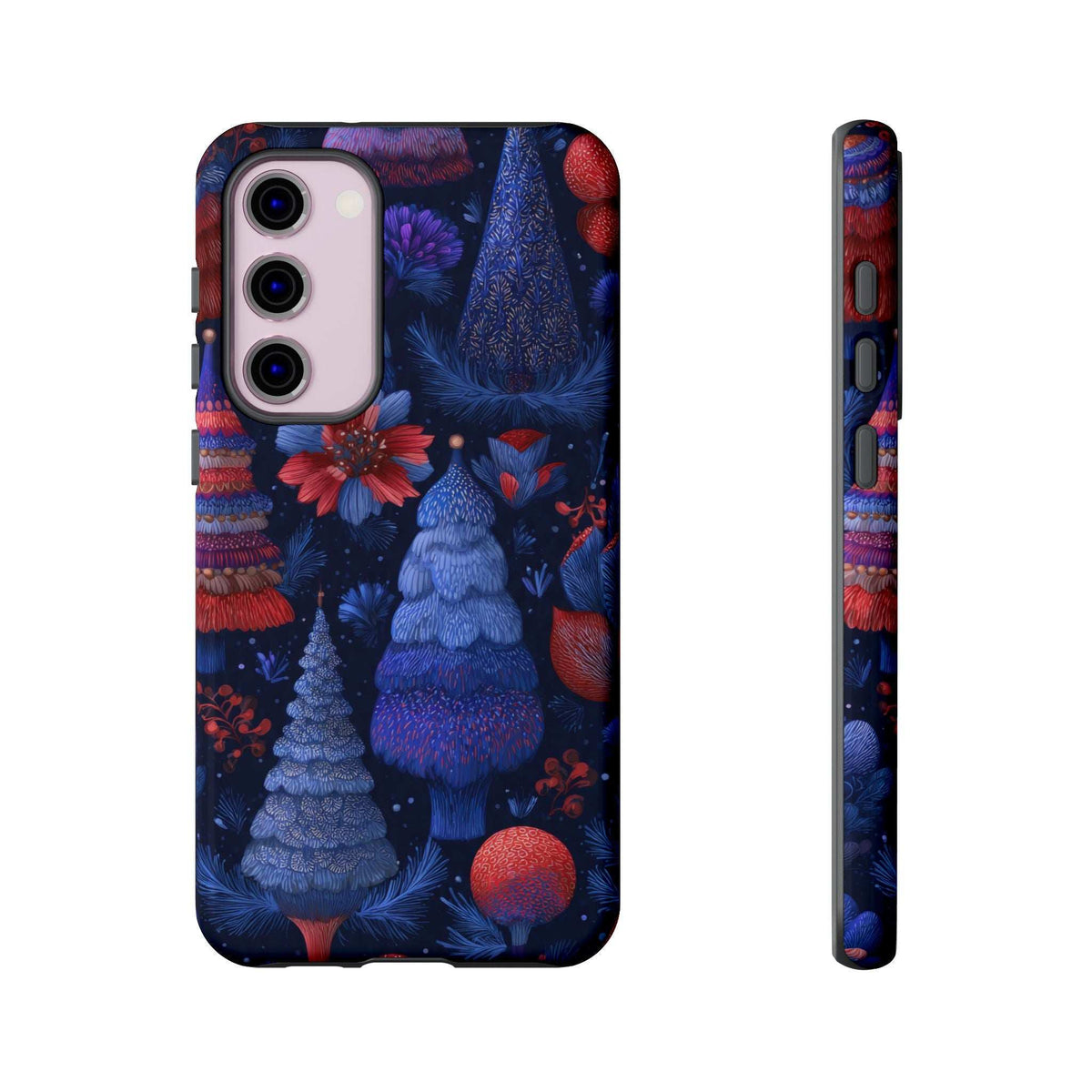 Phone case in dark blue with winter forest pattern; front and side profile shown