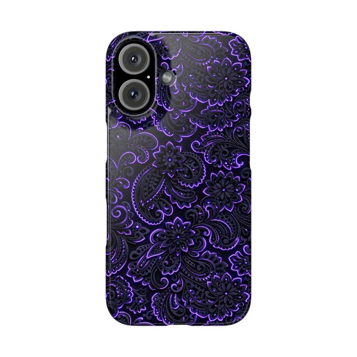 Purple neon paisley phone case with camera cutouts and smooth glossy finish.