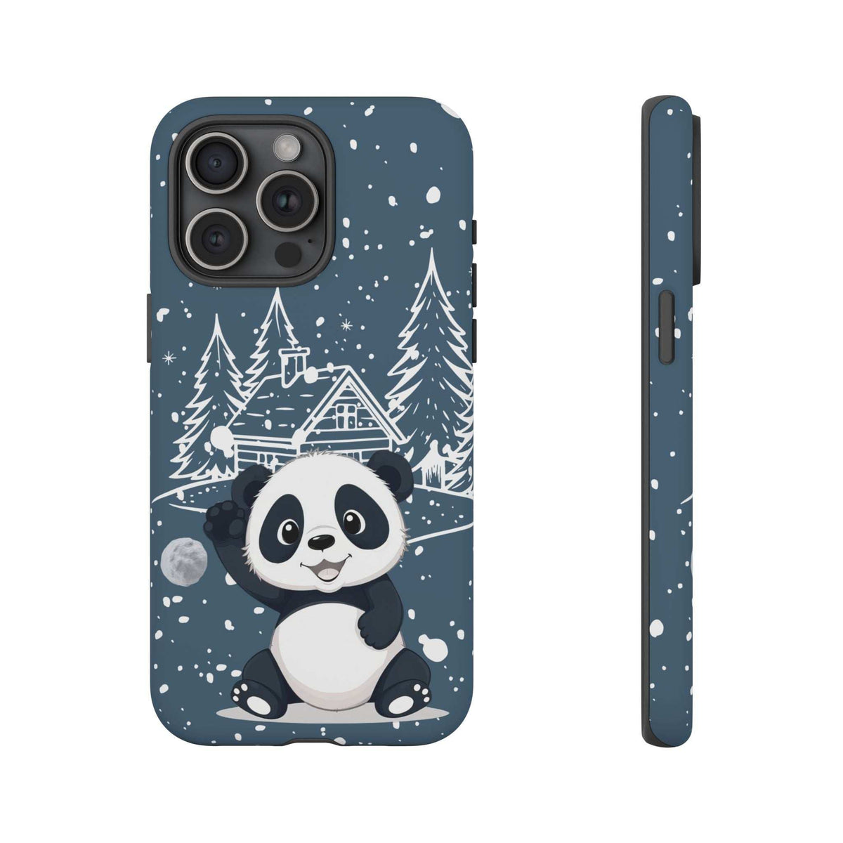 Dark blue panda winter phone case front view with snowy forest trees and farmhouse