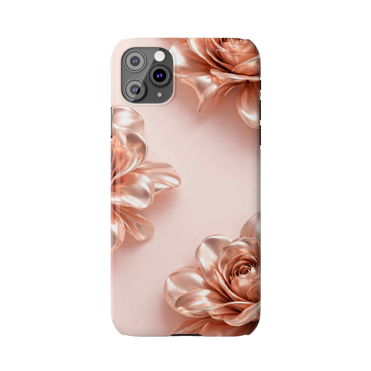 Blush pink iPhone case with metallic rose design and centered back camera cutouts.