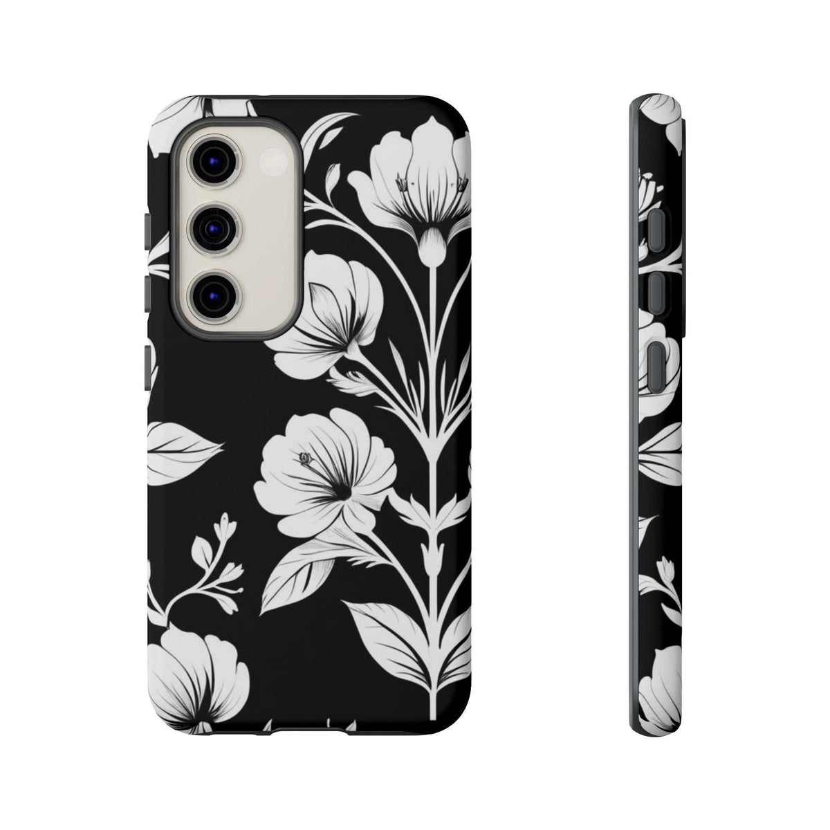 Black floral phone case with white blossoms; back and side views with camera openings.