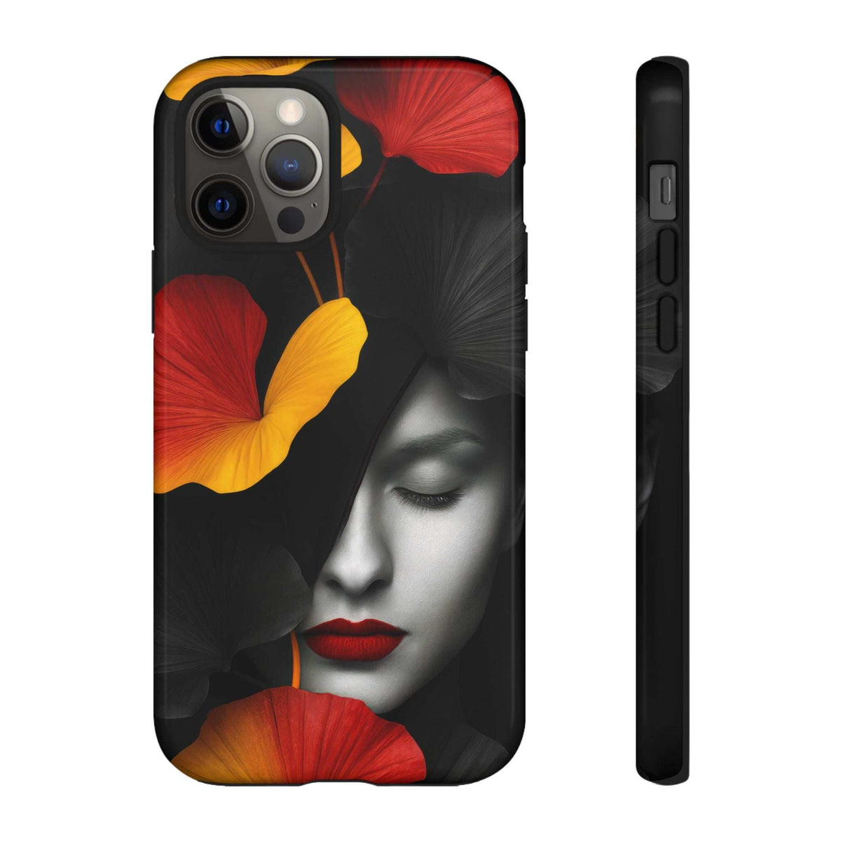 Hidden Emotions glossy phone case with dark floral face graphic for iPhone and Galaxy