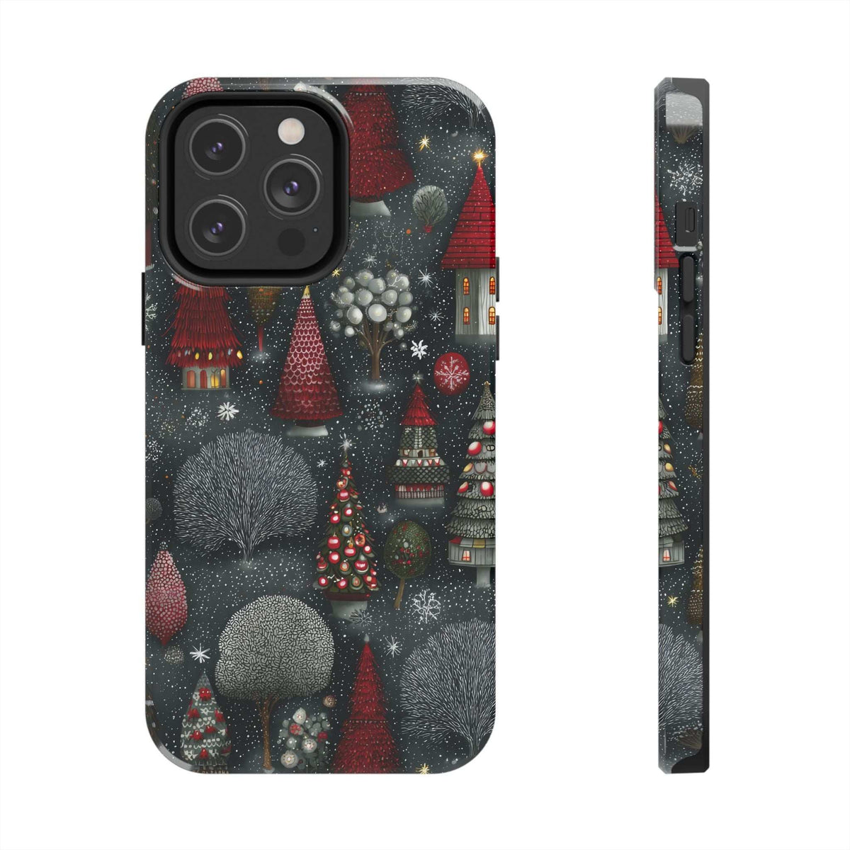 Frosted fir phone case showing side thickness and winter village design on the back