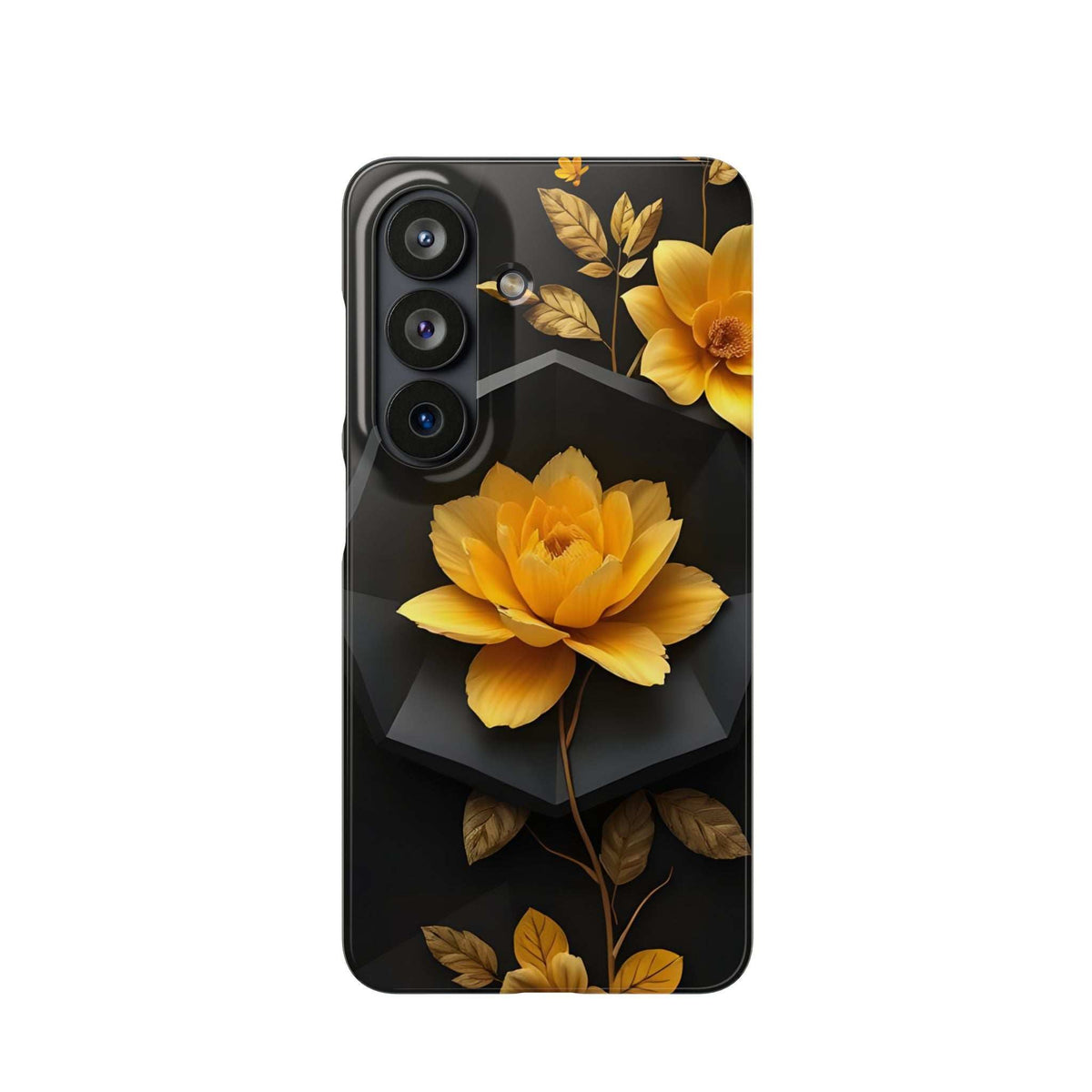 Phone case with close-up look: yellow flower center, gold leaves on dark background.