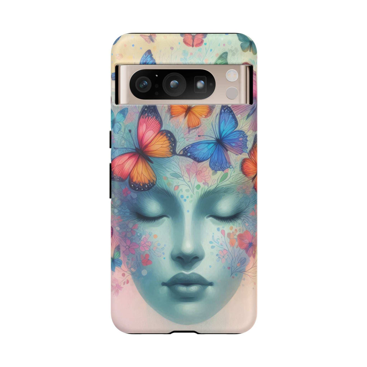 Butterfly face phone case with wide camera bar cutout, colorful butterflies over pastel skin