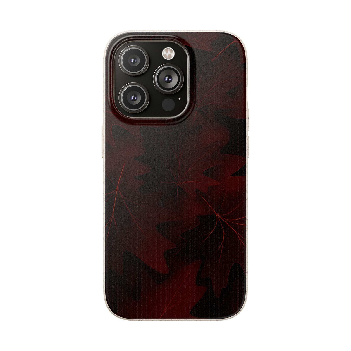Phone case in dark maroon with autumn leaf silhouette pattern and triple-lens camera cutout