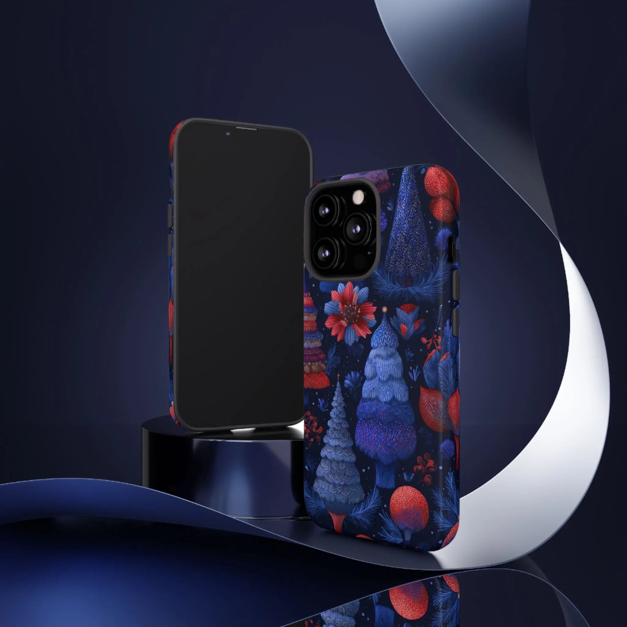 Midnight Blue Christmas Forest Phone Case for iPhone 8-17 and Galaxy S21–S25 - KARARMDESIGN