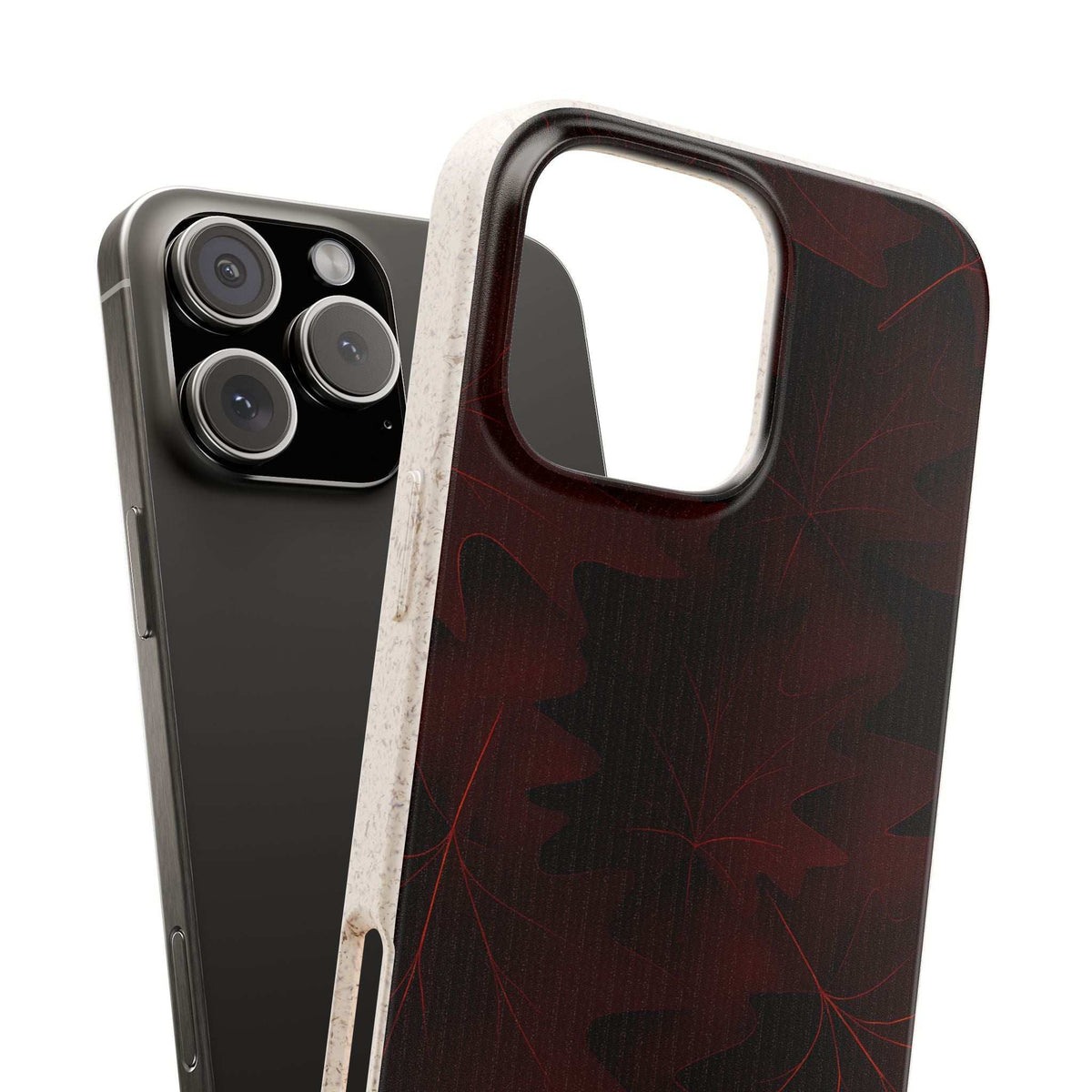 Leaf-pattern phone case with dark maroon back and red outline leaves, beige trim