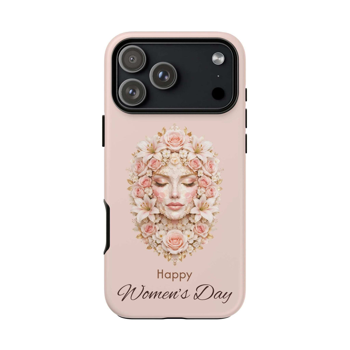 Light pink phone case with floral woman portrait and 'Happy Women's Day' text and buttons