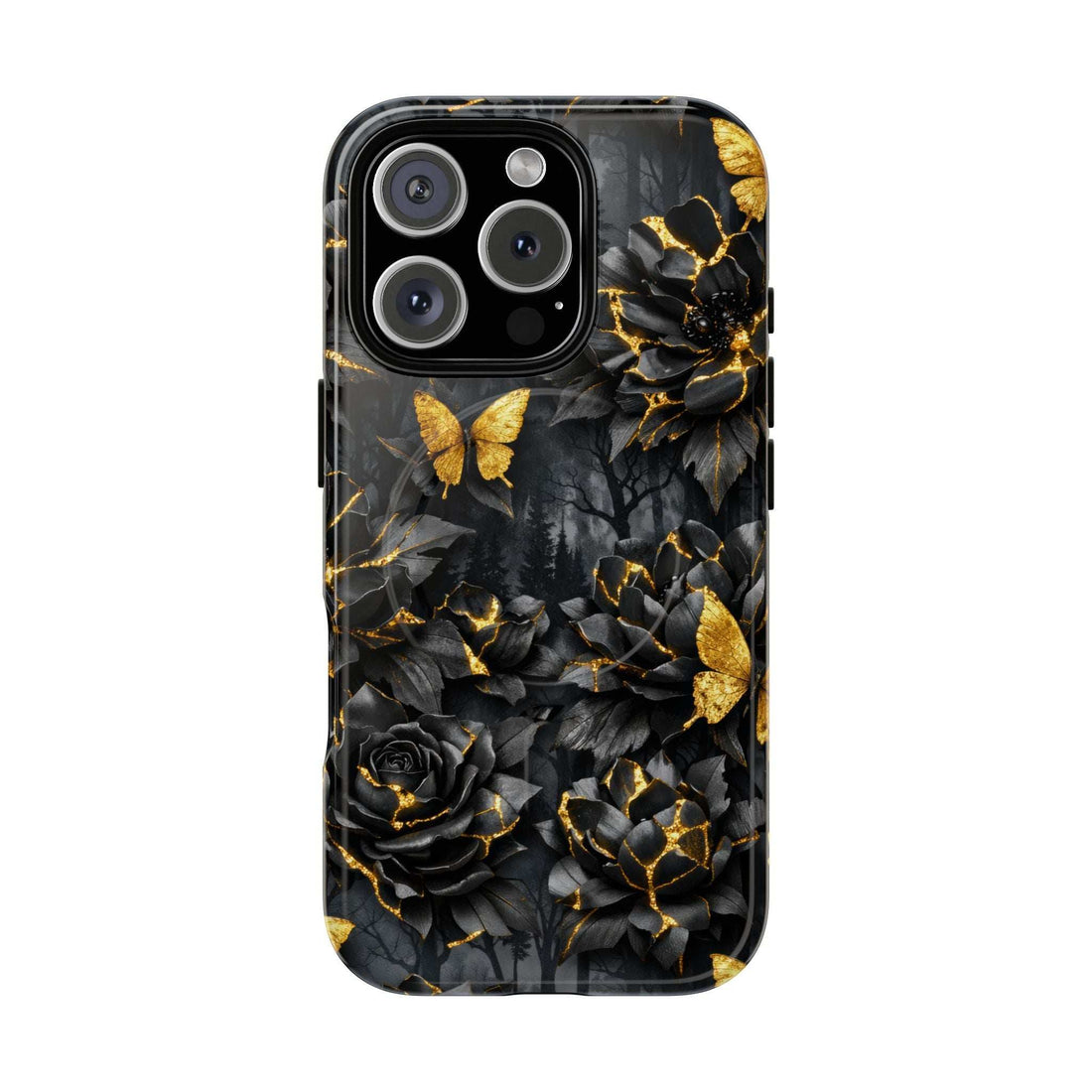 Phone case with black rose flowers, gold butterflies, and Kintsugi-style golden cracks