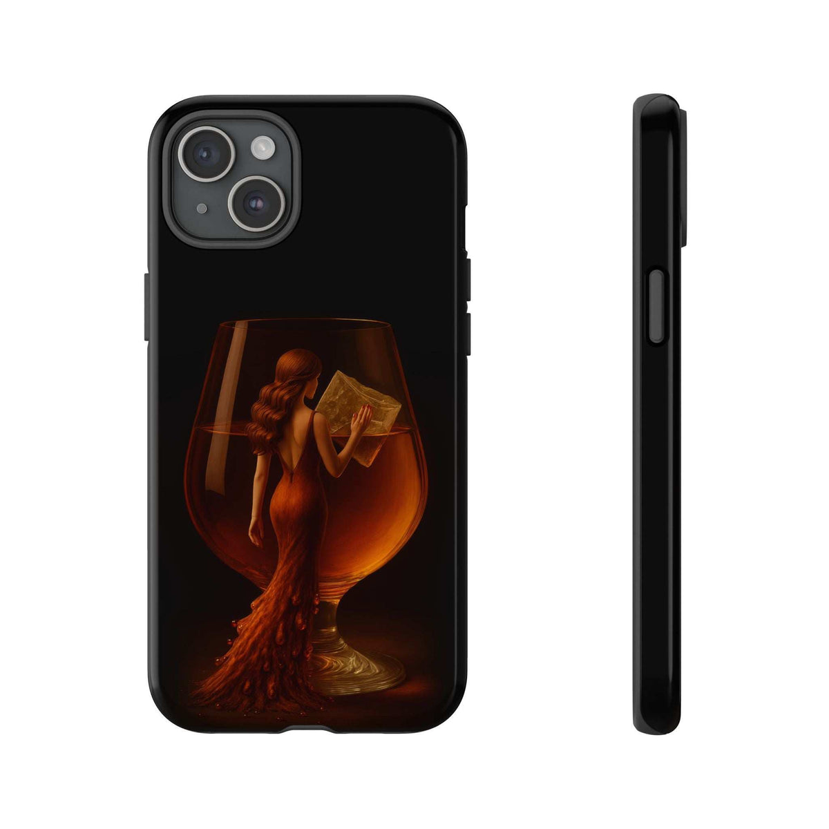 Glossy black phone case featuring lady holding book artwork; camera openings and side buttons.