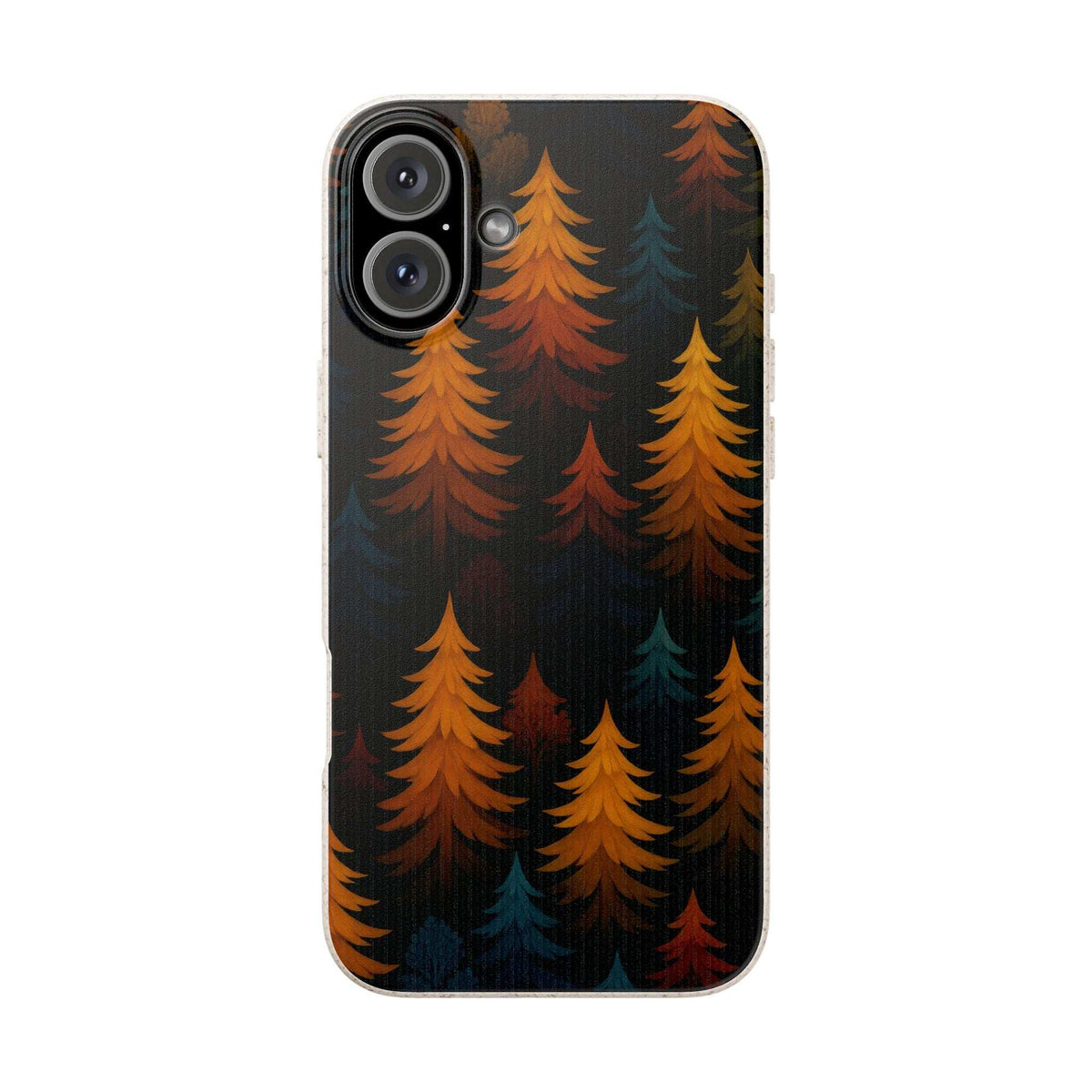 Biodegradable phone case with dark forest tree pattern and dual-lens camera cutout