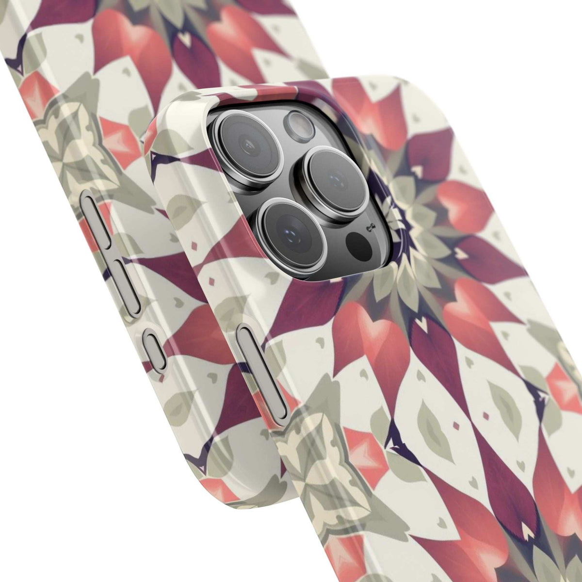 Phone case angled view with burgundy and navy mandala floral print on cream, side buttons visible.