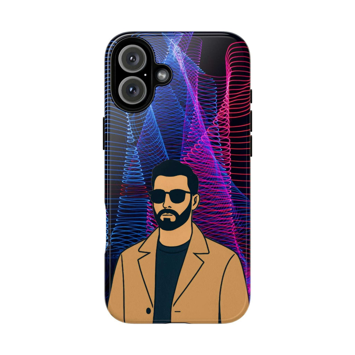 Glossy phone case with bearded man portrait in blue and magenta neon lines