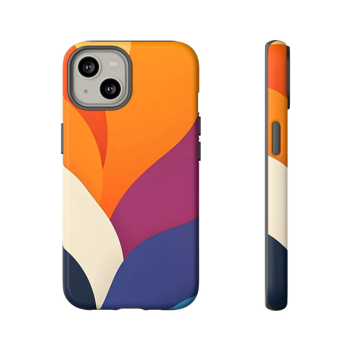 Abstract design phone case with orange, magenta, cream and navy pattern; camera cutouts