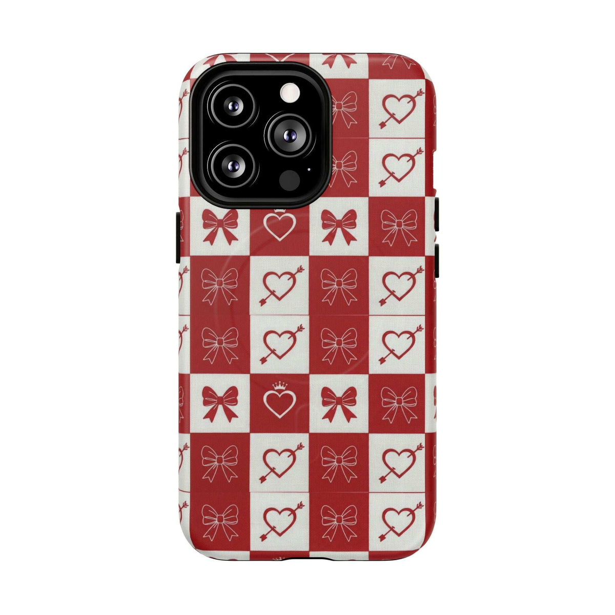 Red and white checkered phone case with heart and bow icons, camera module cutouts