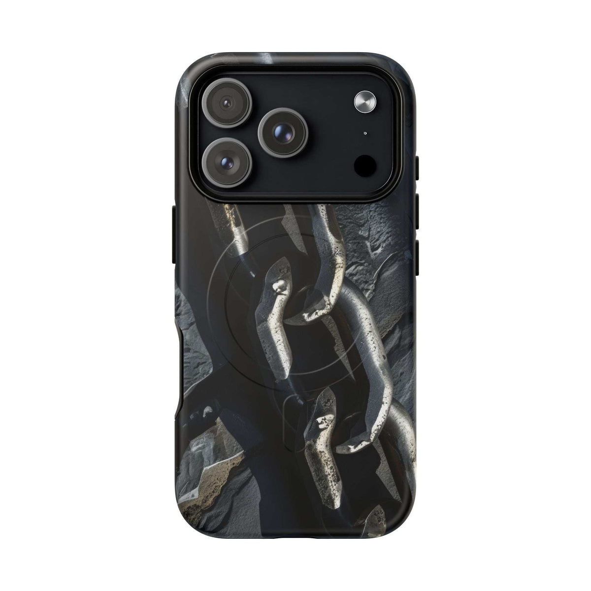 Black tough phone case with chain and metal link pattern, raised camera cutouts