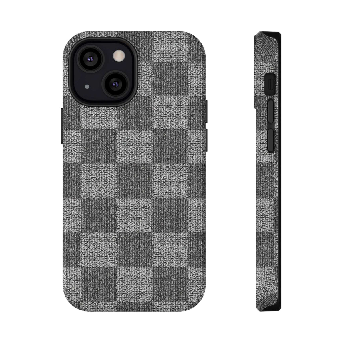 Gray checkered phone case back with camera cutouts and side edge cutouts