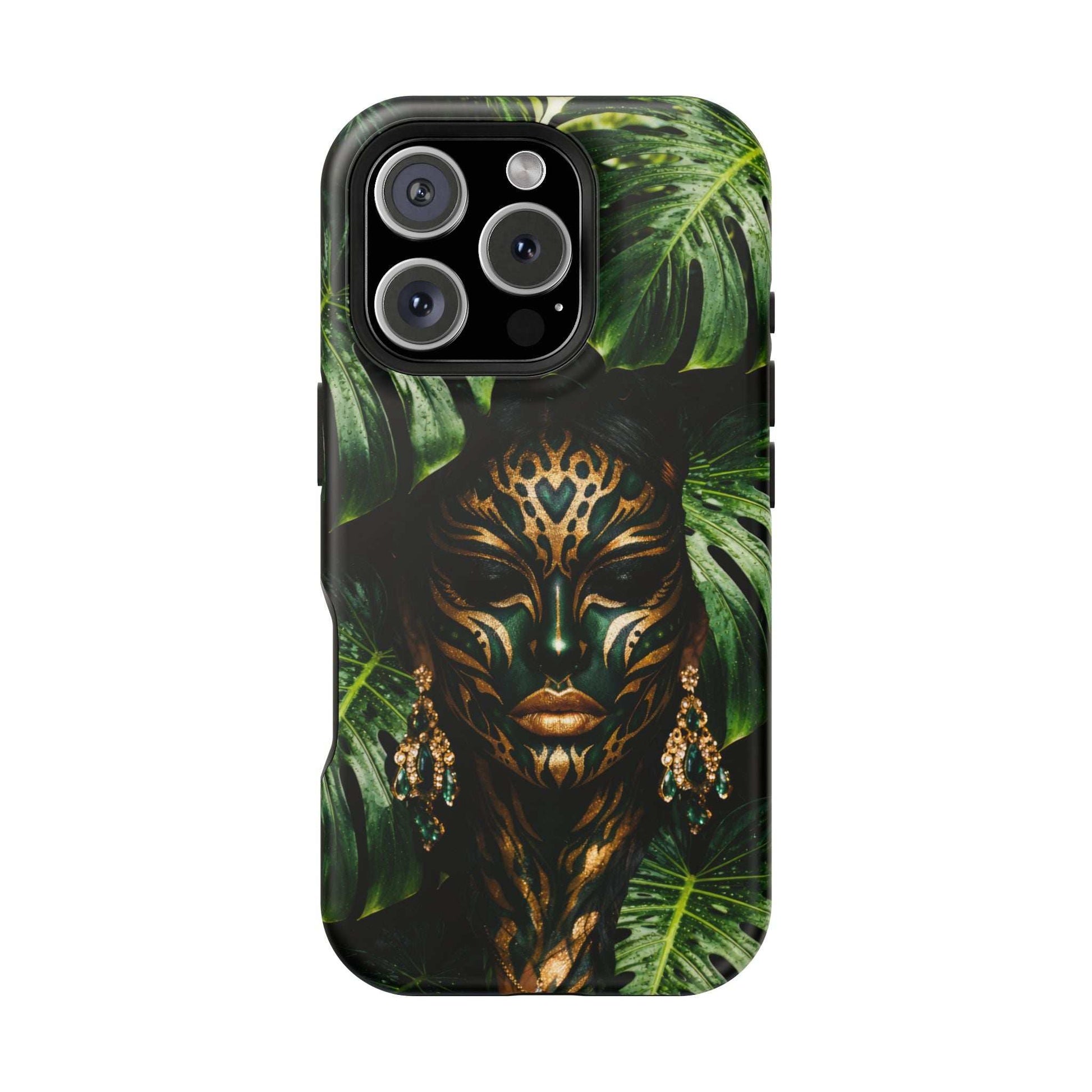 Phone case with jungle spirit face and tropical leaf pattern, with triple camera cutouts