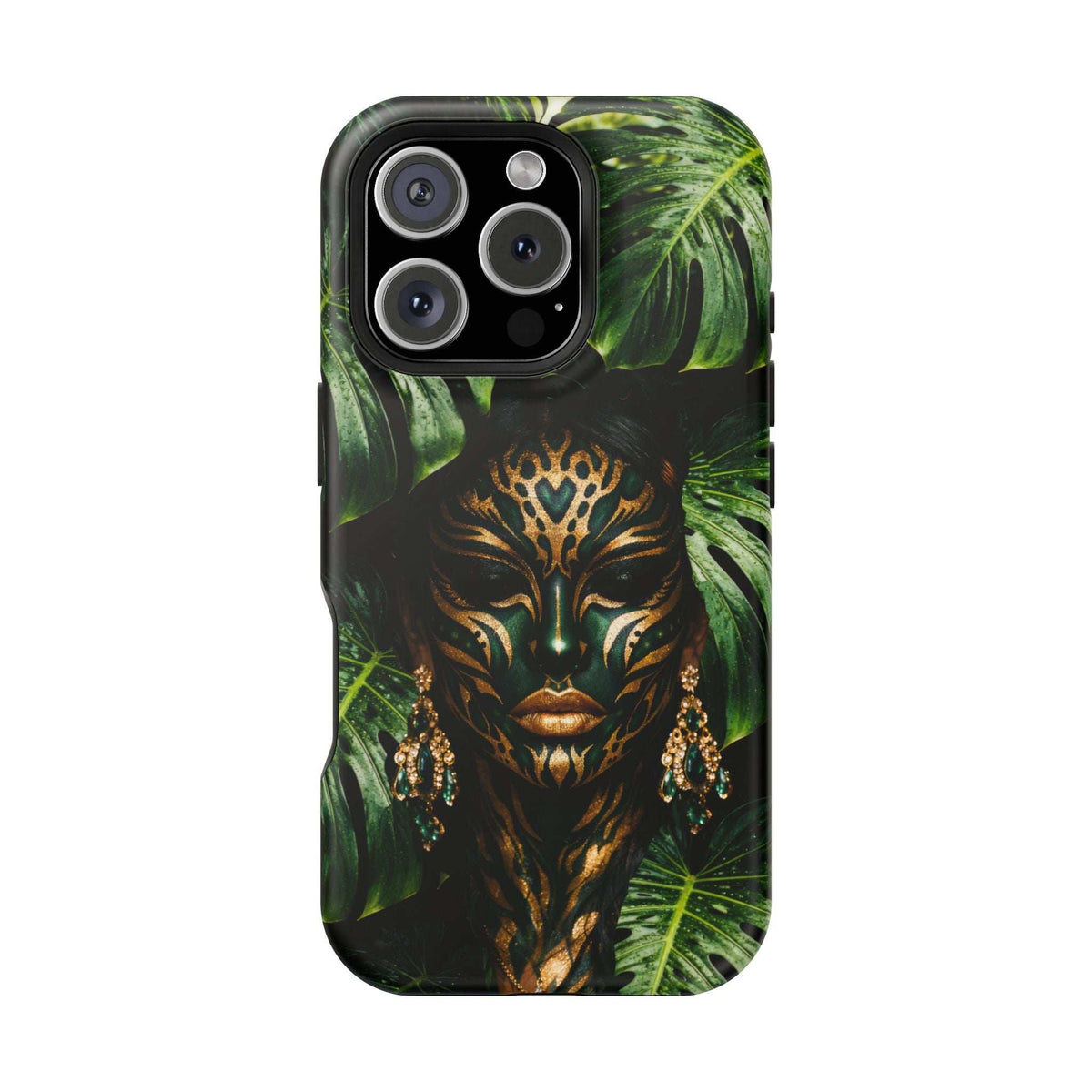 Phone case with jungle spirit face and tropical leaf pattern, with triple camera cutouts