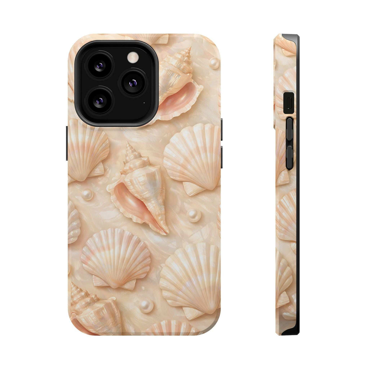 Seashell phone case with cream seashell, pearl and starfish pattern; camera cutout