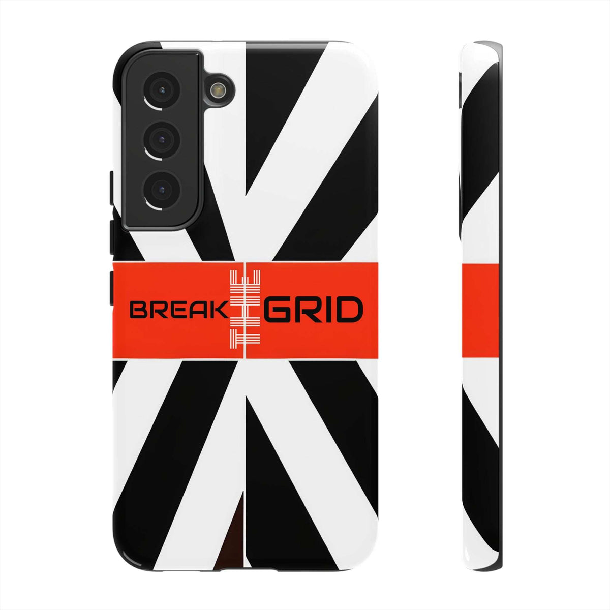 Phone case with black-and-white geometric stripes, red "Break Grid" band, front and side view.