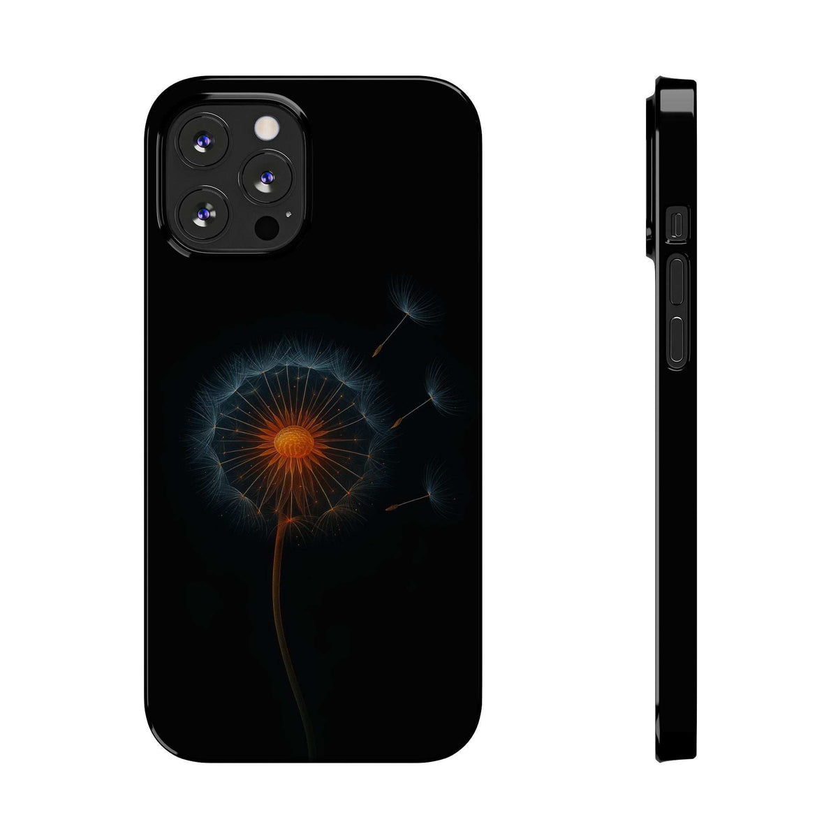 Black iPhone phone case with glowing dandelion design and cutouts for camera