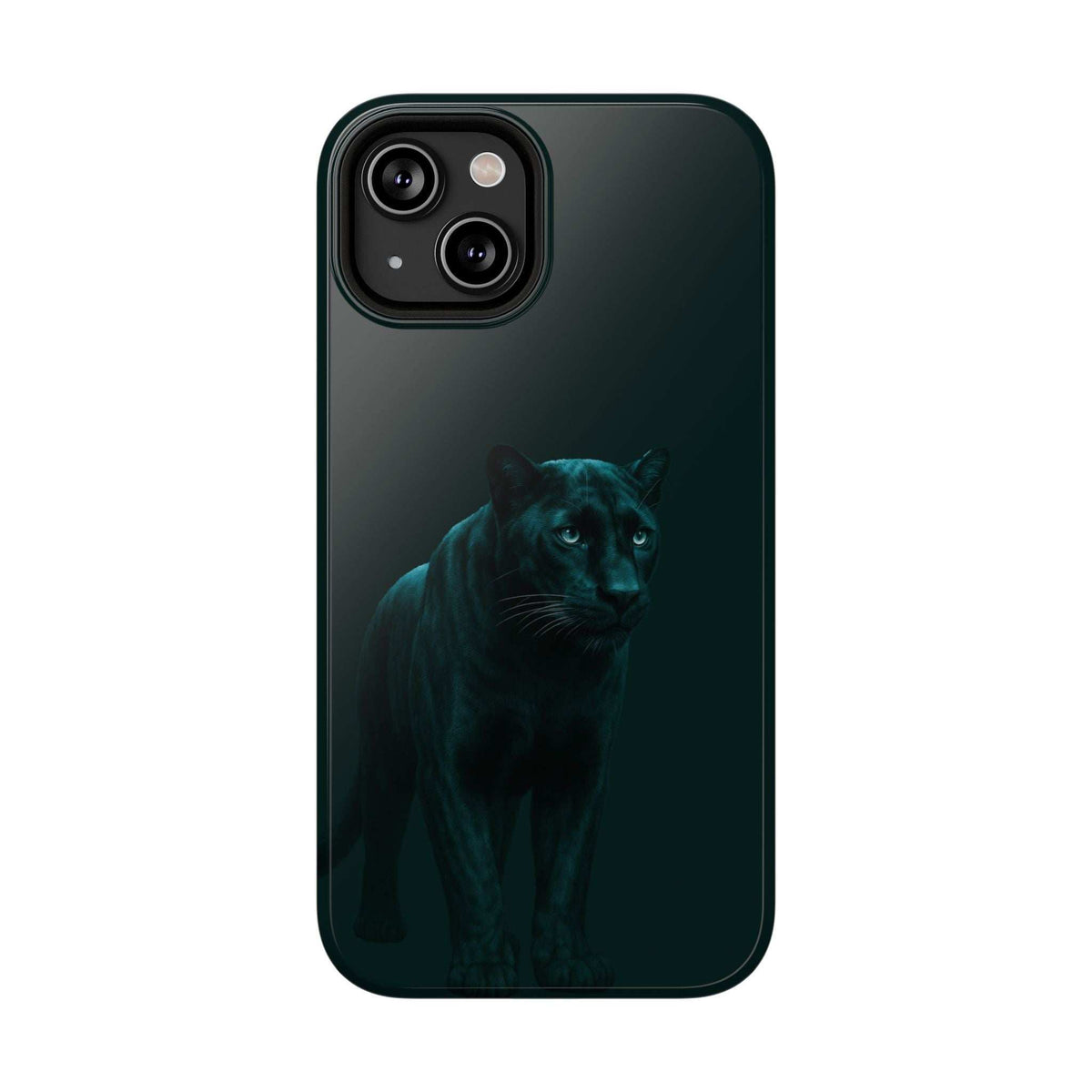 Dark phone case with full panther figure graphic and raised camera area