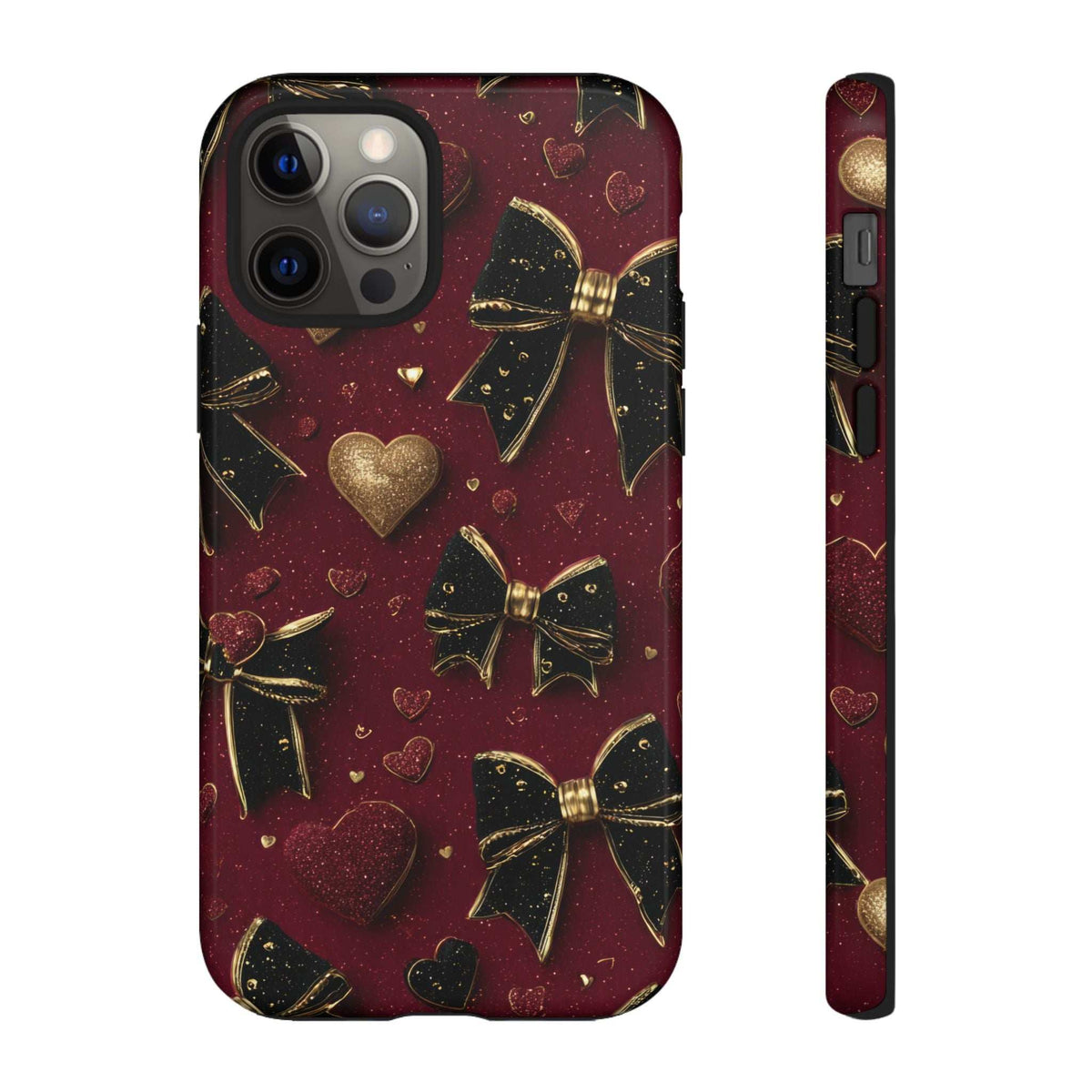 Maroon glossy phone case with gold hearts and bow pattern, front view and side profile.