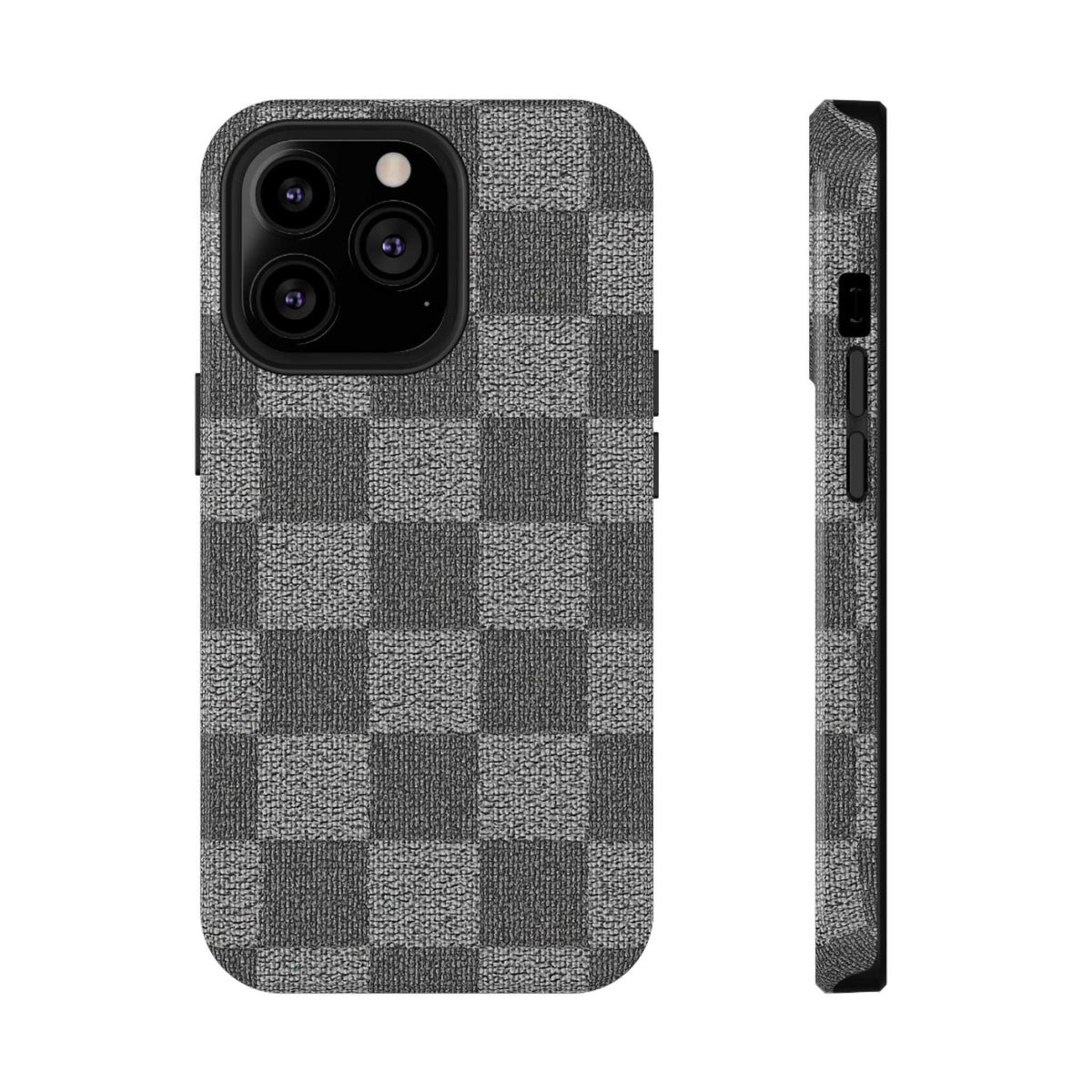Gray checkered phone case front and side view with camera module cutout