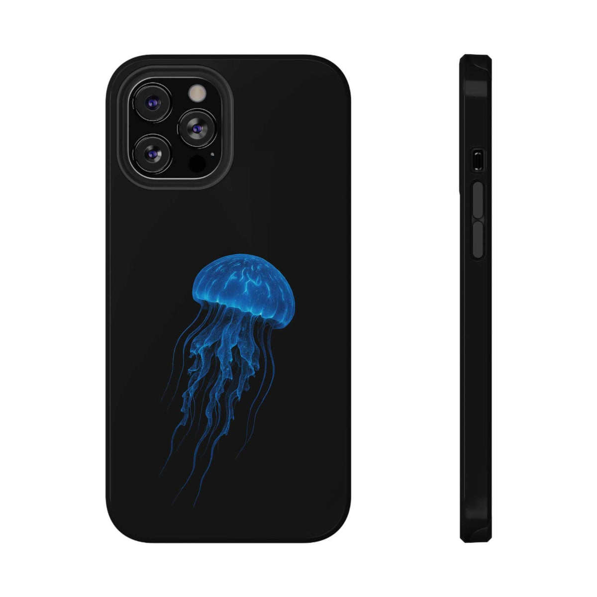 Black phone case with blue jellyfish graphic, cutouts for camera and ports