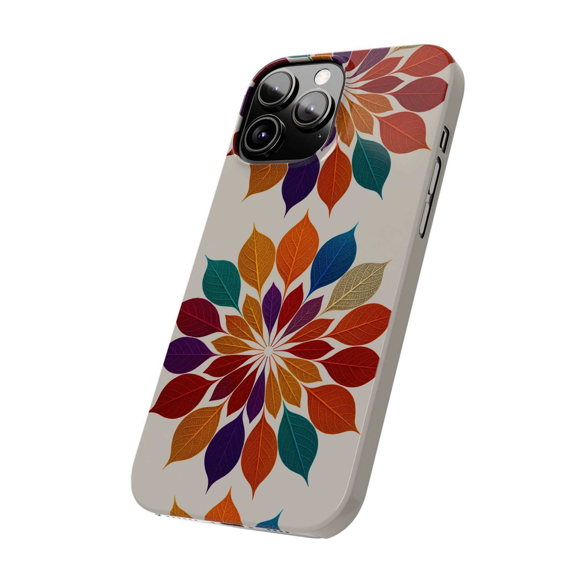 Side-view leaf mandala phone case with colorful leaf pattern and camera cutouts