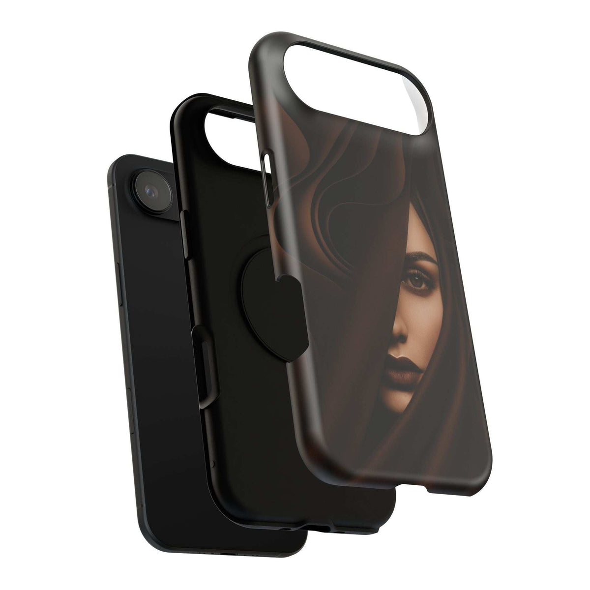 Phone case with dark portrait artwork on back, cutouts for camera and buttons