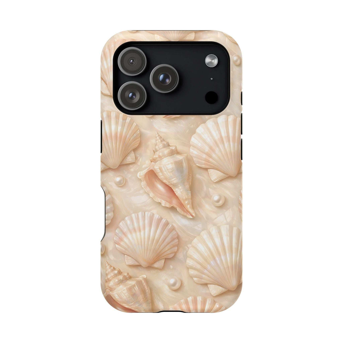 Seashell phone case for iPhone 13–17 with beige shell pattern and dual camera cutout