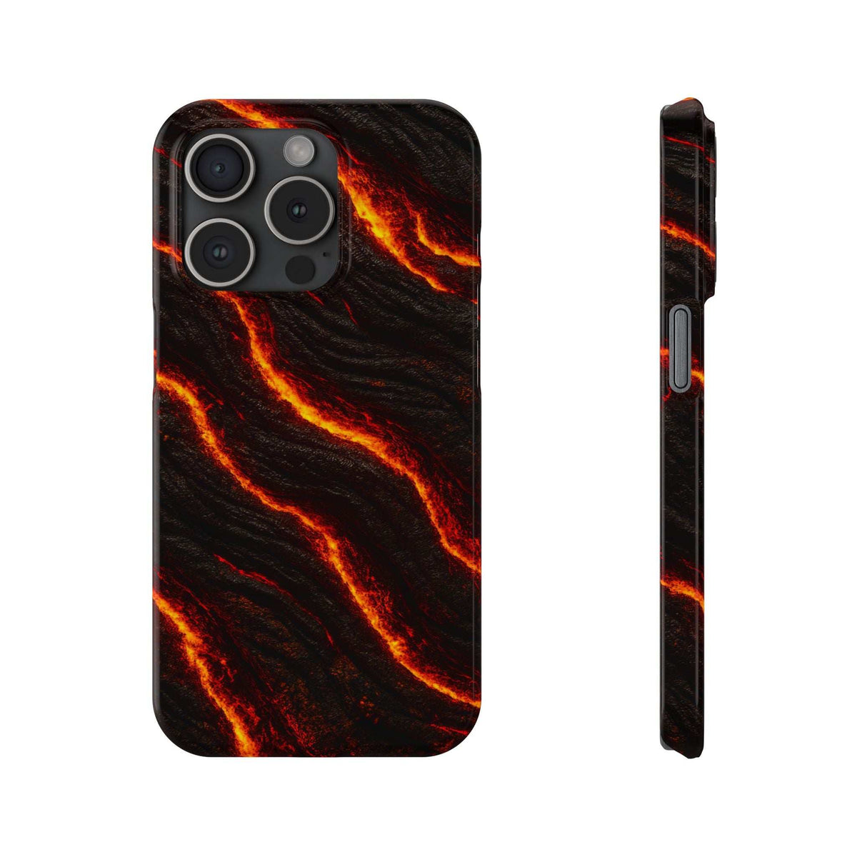 Black phone case with orange lava wave print; camera cutouts and slim side view.